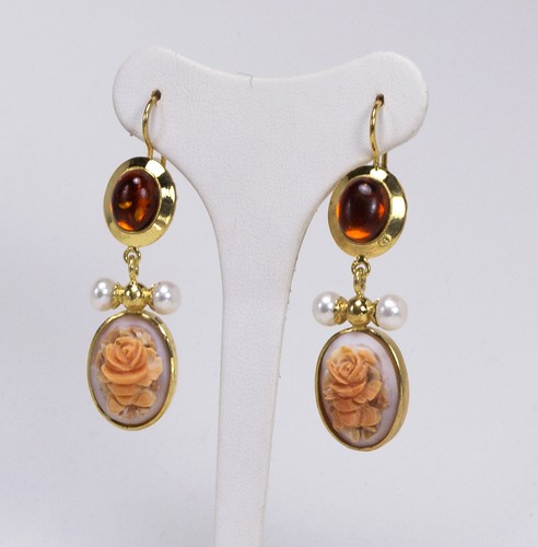 Boucles D'oreilles Argent 925 Avec Camée Fleurs Et Ambre - Doré, Neuves Avec étiquettes