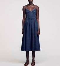 Women Sandro V-neck Fit Flare A-line Denim Slip Midi Dress