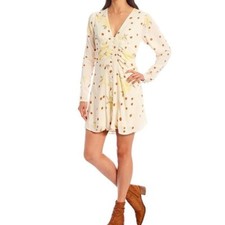 Free People Medium Date Night Long Sleeve Mini Dress Sunshine Yellow Button B20
