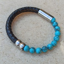 Men's Bracelet Black Braided Leather Turquoise Beads Magnetic Bangle Boho Modern