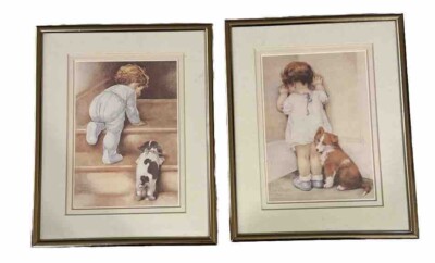 Vtg ''In Disgrace'' &  Nighty Night  Bessie Pease Gutmann Print 5X7 Gold Frm 10X8 
