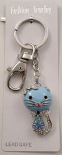 Rhinestone Sky Blue Kitty Cat Lover Kitten Key Chain Purse Fob Charm
