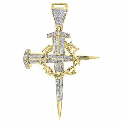 10K Yellow Gold Over Dagger Nail Diamond Cross Pendant Crown of Thorns Charm 2CT