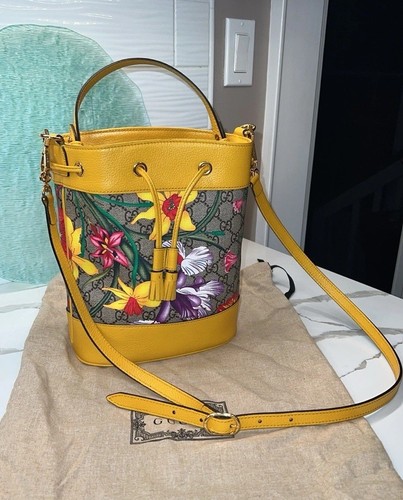 Gucci Ophidia GG Flora floral Small Bucket Bag Crossbody Handle Leather Canvas