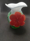 Italian Art Glass Vase With Fluted Top and Red Flower With Leaves 6" Tall