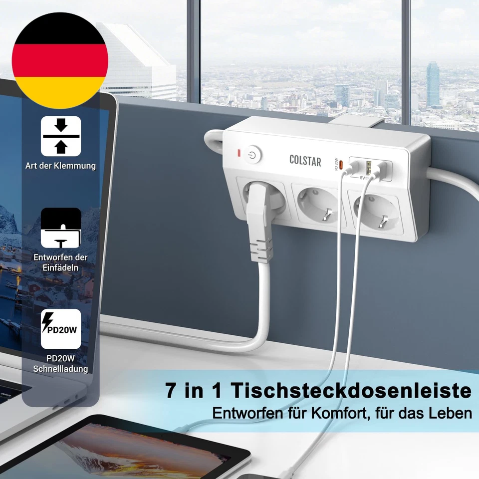 Steckdosenleiste Schreibtisch Mit USB C PD 20W, 3 Fach Mehrfachsteckdose Mit 2M - Bild 3 von 4