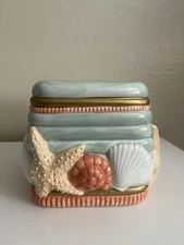 Vintage Tissue Box Holder-Ceramic,Seashells,Nautical,Beach,Square