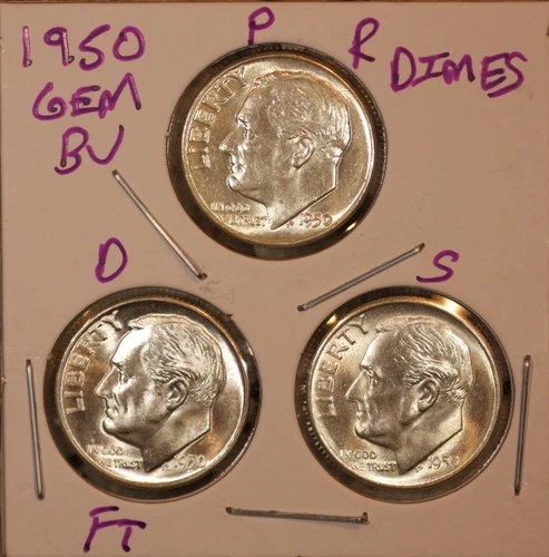 1950 P D S SILVER ROOSEVELT DIMES GEM BU D FULL BANDS! KEY DATE 500161 (3 COINS)
