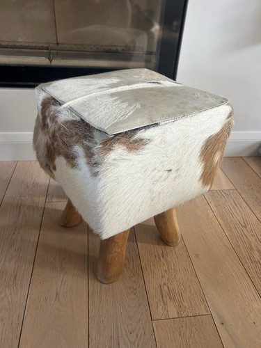 Goat Hide Fur Genuine Footstool Regular Table Stool 42x33cm Timber Footings - Picture 8 of 13