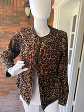 CHICO'S SIZE 1 Leopard Print Blazer Jacket Black Leather Trim Pockets Open Wrap