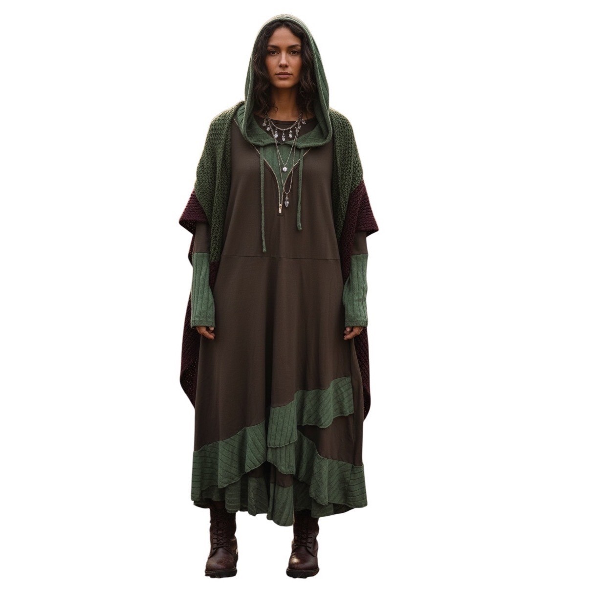 Boho Colorblock Hooded Midi Dress Lagenlook Ribbed Trim Goth Large Gorpcore Dark