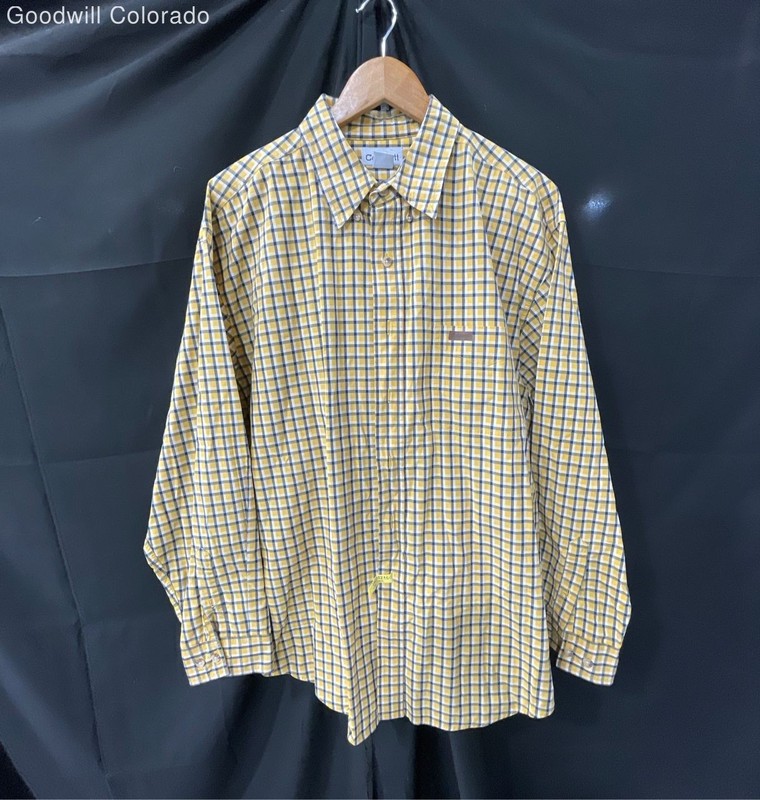 Carhartt Shirt Yellow Blue Plaid Button Front Long Sleeve 100 Percent Cotton XL