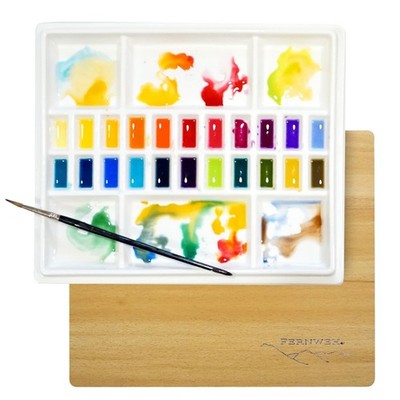 Ceramic Watercolor Paint Palette with Wooden Lid - 12x10 Inch Porcelain Mixing T