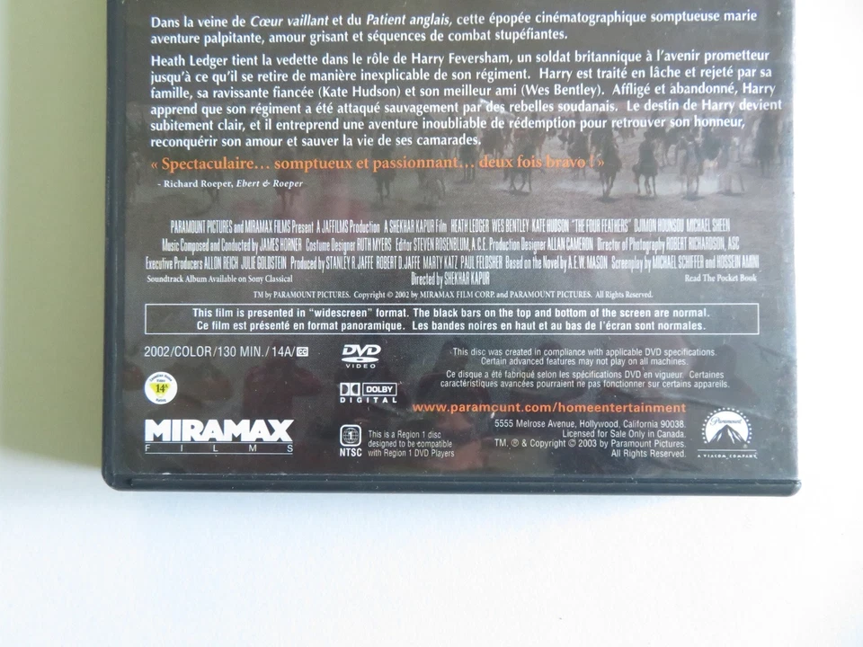 THE FOUR FEATHERS (DVD) HEATH LEDGER KATE HUDSON 2002 REGION 1 - Image 4 of 4