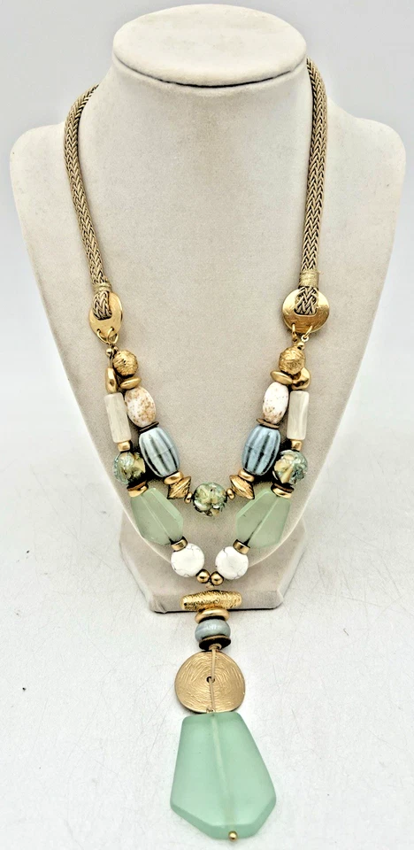 CHICOS GOLD TONE, TURQUOISE, WHITE DOUBLE STRAND NECKLACE, BRACELET, EARRINGS - Image 2 of 4