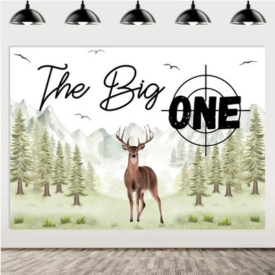 The Big One Deer 1st Birthday Backdrop - Forest Green Fabric - 7x5ft - Includ...