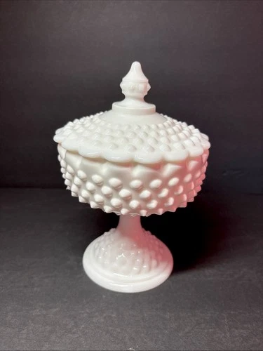 Vintage Fenton Hobnail Milk Glass Covered Candy Dish Pedestal Lidded Bowl 8.5”