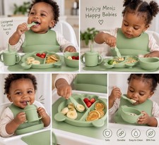 New 9 Piece Silicone Baby Feeding Set Kids Tableware Set Plate Bowl Cup Spoon