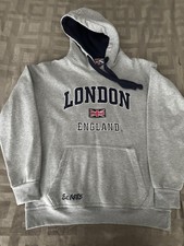 London England Hoodie Mens Large Gray Embroidered Union Jack Front Pouch Fleece
