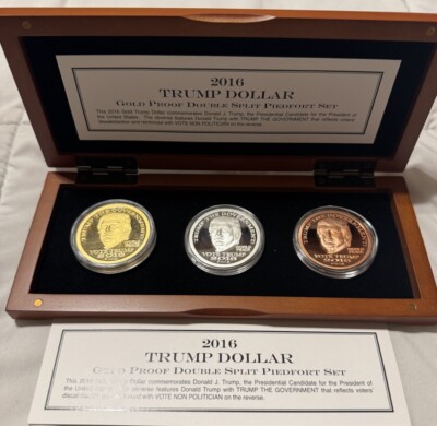 Donald Trump Dollar Piedfort Set .9999 Gold 1oz Silver 2oz 2016 Rare US Mint 45