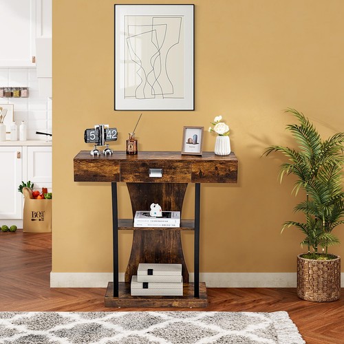T-Shaped Modern Foyer Accent Table with Drawer & Open Shelf Rustic Brown - Picture 10 of 10