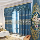 Custom Chenille embroidered living room blue cloth curtain valance drape C1562