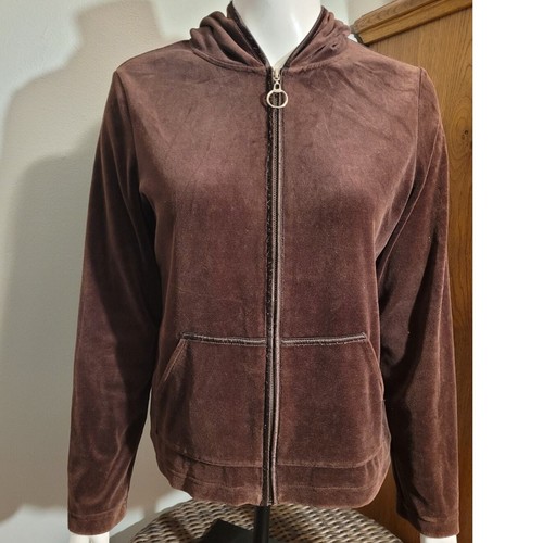 JONES NY Womens Brown Velour Full-Zip Large Velvet Velvetten Hooded Hoodie