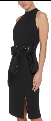 eliza j sequin bow dress Eliza J Womens Sequin Waisted Pleated Dress, Black, 2