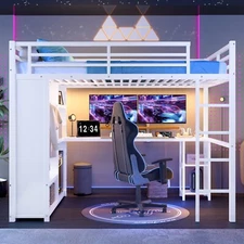 Queen Size Metal Loft Bed Metal Bed Frame with Desk & Wardrobe & Shelves White