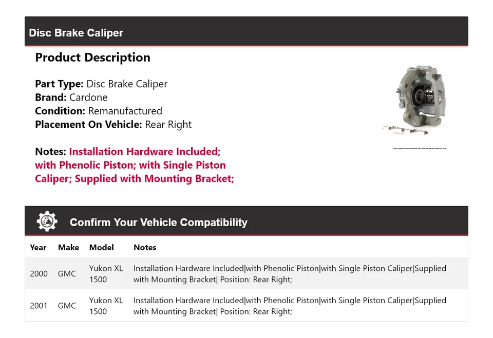 Pinza de freno de disco trasera derecha Cardone para GMC Yukon XL 1500 2000-2001 Foto 2 de 4