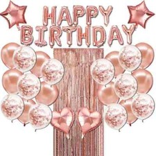 Rose Gold Balloons Happy Birthday Bunting Banner Kit Tinsel Curtain Decorations