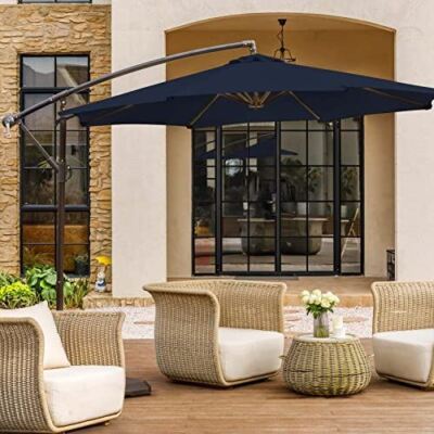 11-ft greige solar powered crank cantilever patio umbrella with base 11 ft. - Crank lift system - Cantilever Umbrellas