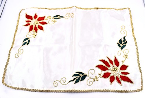Christmas Poinsettia Table Runner Set, 4 Placemats, Gold Trim, Gold Beads, White - Picture 3 of 4