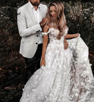 Sweetheart A-Line Wedding Dresses Off Shoulder Cap Sleeves Lace 3D Floral  Gowns | eBay