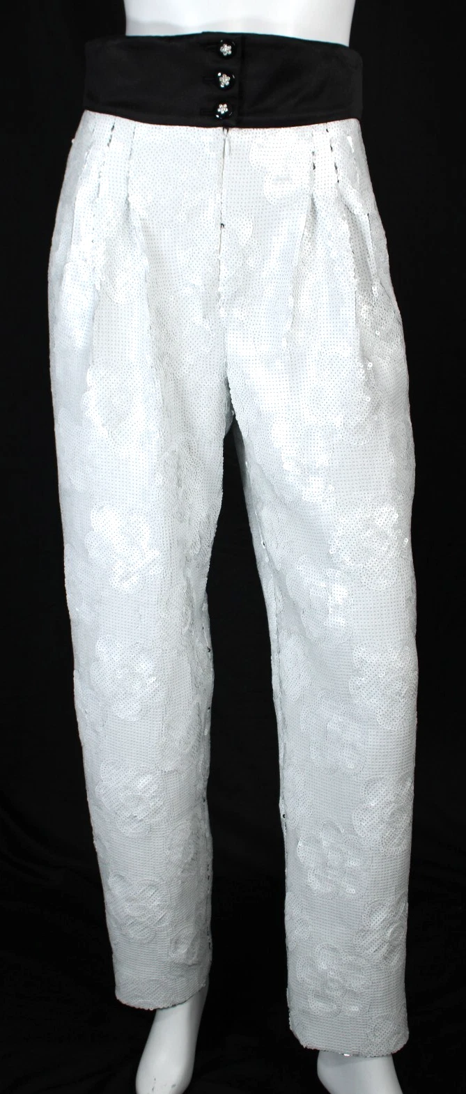 Pantalone CHANEL 2023 23A bianco paillettes camelia e raso di seta nero affusolato 38