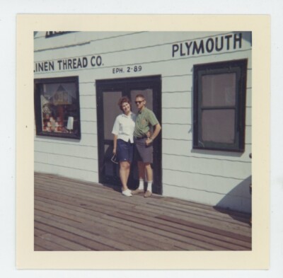 Vintage Photo Cute Tourist Couple Linen Thread CO Plymouth MA 1960s