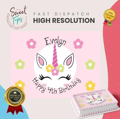SWEET TOPS Unicorn Personalised Rectangle Edible Birthday Cake Topper Cake Decoration