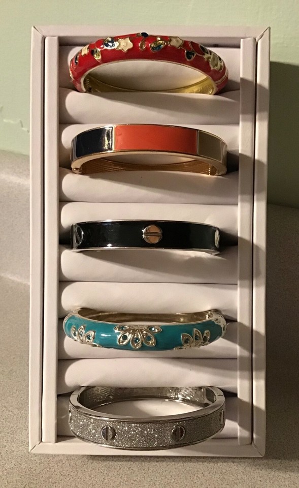 5 Bangle Bracelets Hinged Clampers Enamel Silver/Gold Tone Jewelry Lot