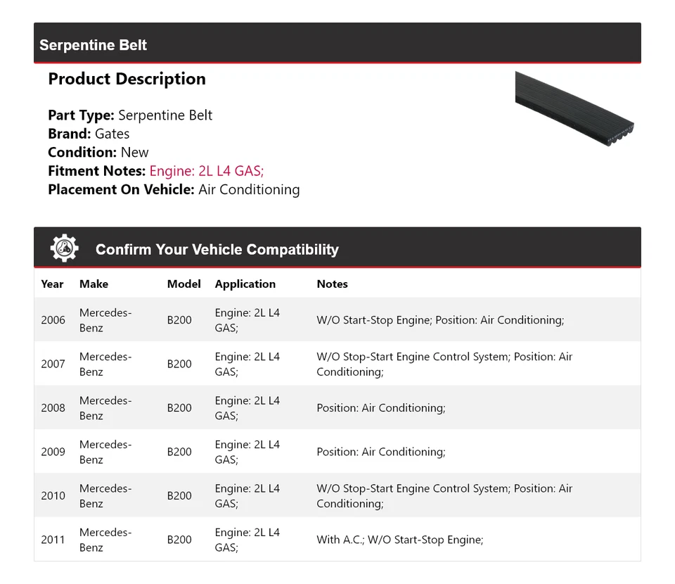 Para Mercedes-Benz B200 2006-2011 2L L4 GAS Serpentine Belt Gates 2007 2008 2009 Foto 2 de 4