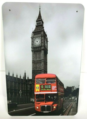 London Red Bus 12 Clock Tower Oxford Circus 12x8 Tin Sign Wall Decor Man Cave 