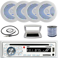 Pyle 1-DIN Marine CD Receiver W/White Cover, 4x 6.5'' 150W Max RGB LED Speakers