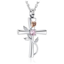 Cross Urn Necklace for Ashes Birthstone Rose Flower Cremation Jewelry for Pink