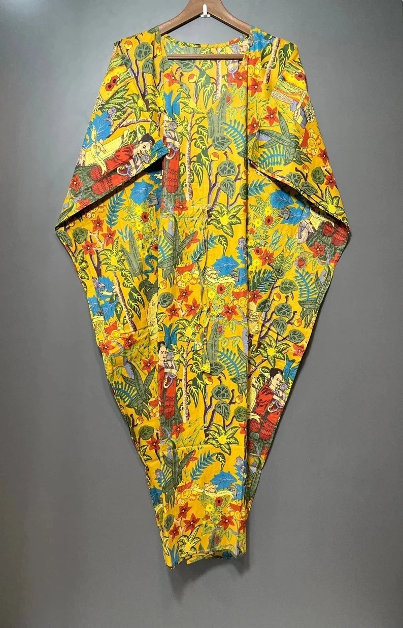 Indian Cotton Yellow Frida Printed Kaftan Dress Women's Clothing Kaftan Dress US