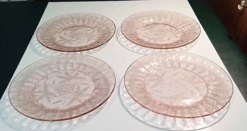 Jeannette Depression Glass Pink Floral Poinsettia 9" Dinner Plates Set of 4