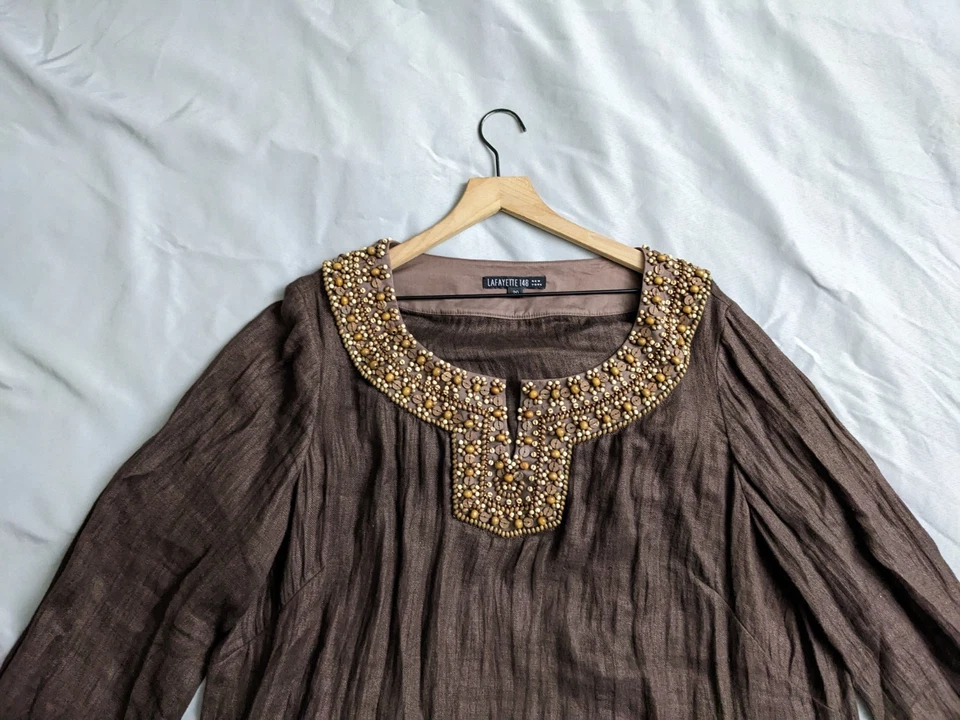 Top túnica Lafayette 148 para mujer talla 20 marrón lino cuello con cuentas popover Lagenlook Foto 2 de 4