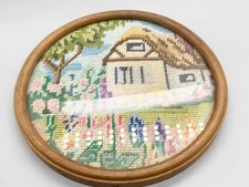VINTAGE RUNDER HOLZRAHMEN NADELSPITZE LANDHAUS GARTEN WANDBEHANG WANDKUNST