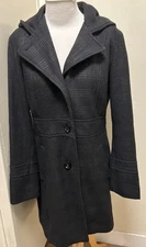 Esprit Collection Women’s Winter Long Hooded Coat Wool Blend Charcoal Plaid-Med