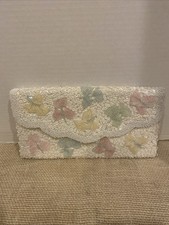 Vintage Evening Beaded Clutch Purse Foldover White Butterflies Made In Hong Kong