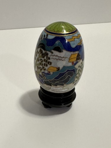 Vintage Small Cloisonne Style Decorative Ornate Egg with Stand from Japan Scenic - Picture 6 of 9