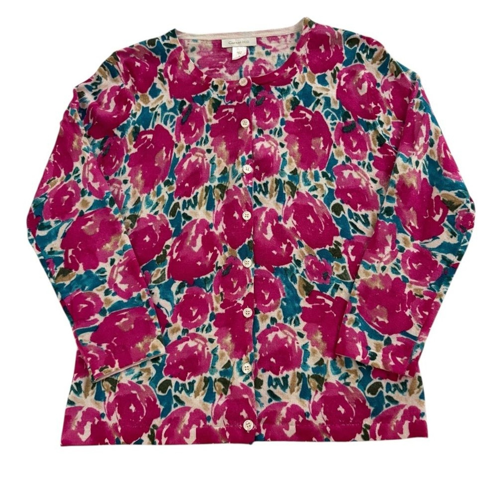Garnet Hill Pink Floral Merino Wool Cardigan Sweater Button Down Womens Small
